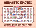 Brown & White Cat animated Twitch emote mega pack featuring 50 emotes including hype, kiss, raid, and lurk.