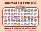 Brown & White Cat animated Twitch emote mega pack featuring 50 emotes including hype, kiss, raid, and lurk.