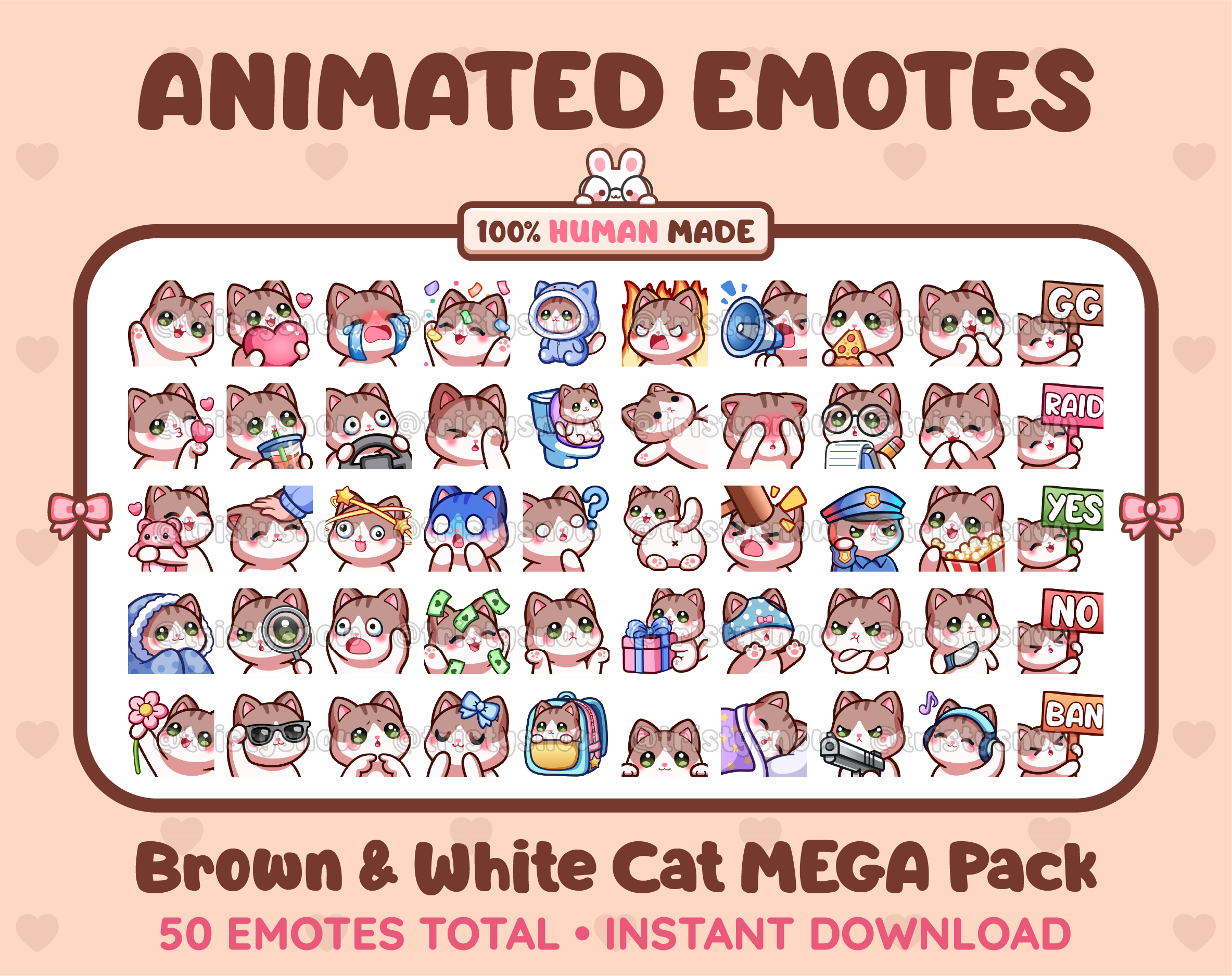 Brown & White Cat animated Twitch emote mega pack featuring 50 emotes including hype, kiss, raid, and lurk.