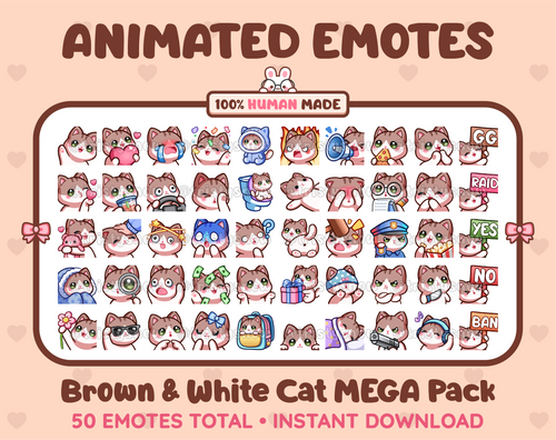 Brown & White Cat animated Twitch emote mega pack featuring 50 emotes including hype, kiss, raid, and lurk.