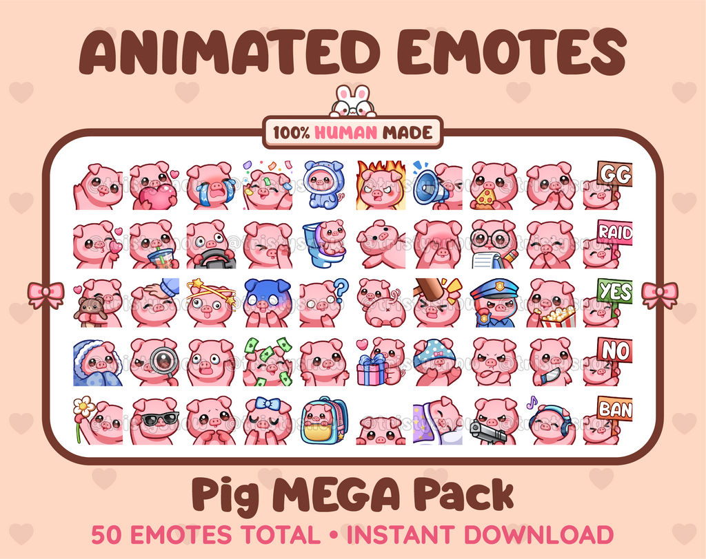 Pig animated Twitch emote mega pack featuring 50 emotes including hype, kiss, raid, and lurk.