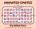 Pig animated Twitch emote mega pack featuring 50 emotes including hype, kiss, raid, and lurk.