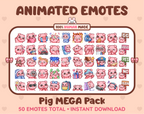 Pig animated Twitch emote mega pack featuring 50 emotes including hype, kiss, raid, and lurk.