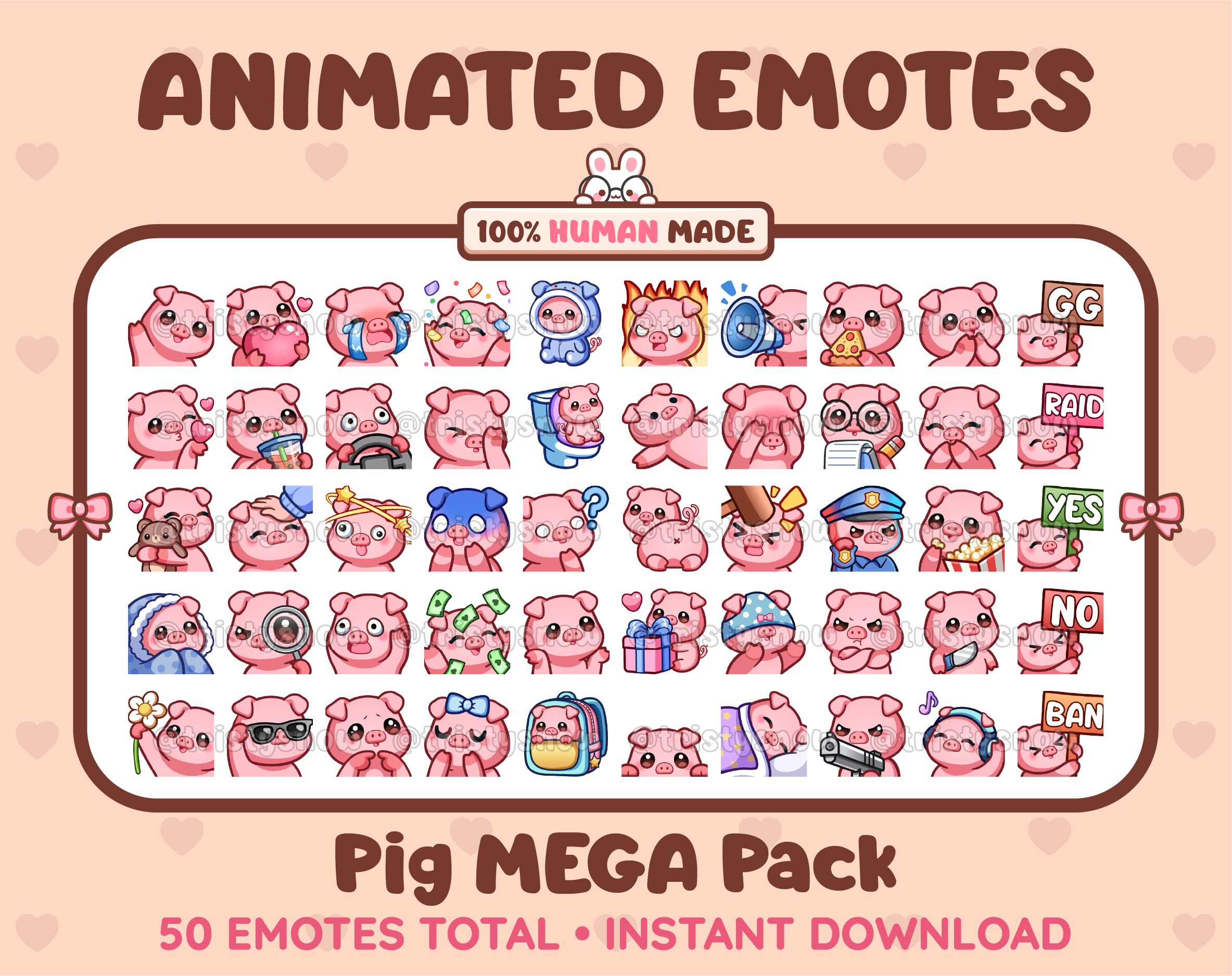 Pig animated Twitch emote mega pack featuring 50 emotes including hype, kiss, raid, and lurk.