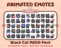 Black Cat animated Twitch emote mega pack featuring 50 emotes including hype, kiss, raid, and lurk.