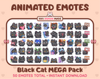 Black Cat animated Twitch emote mega pack featuring 50 emotes including hype, kiss, raid, and lurk.