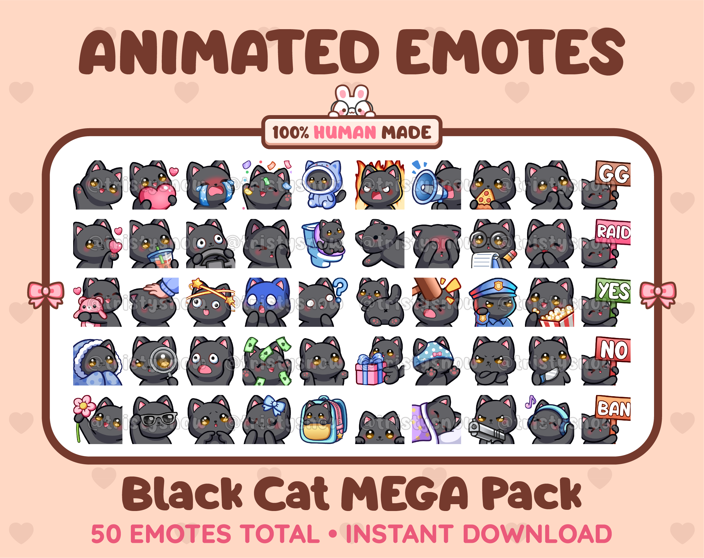 Black Cat animated Twitch emote mega pack featuring 50 emotes including hype, kiss, raid, and lurk.