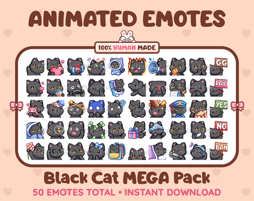 Black Cat animated Twitch emote mega pack featuring 50 emotes including hype, kiss, raid, and lurk.