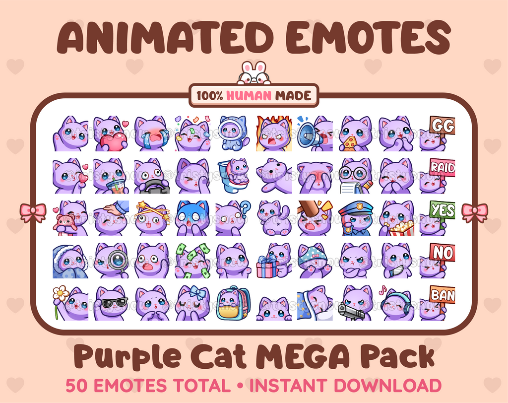 Purple Cat animated Twitch emote mega pack featuring 50 emotes including hype, kiss, raid, and lurk.