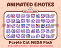 Purple Cat animated Twitch emote mega pack featuring 50 emotes including hype, kiss, raid, and lurk.