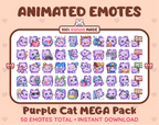 Purple Cat animated Twitch emote mega pack featuring 50 emotes including hype, kiss, raid, and lurk.
