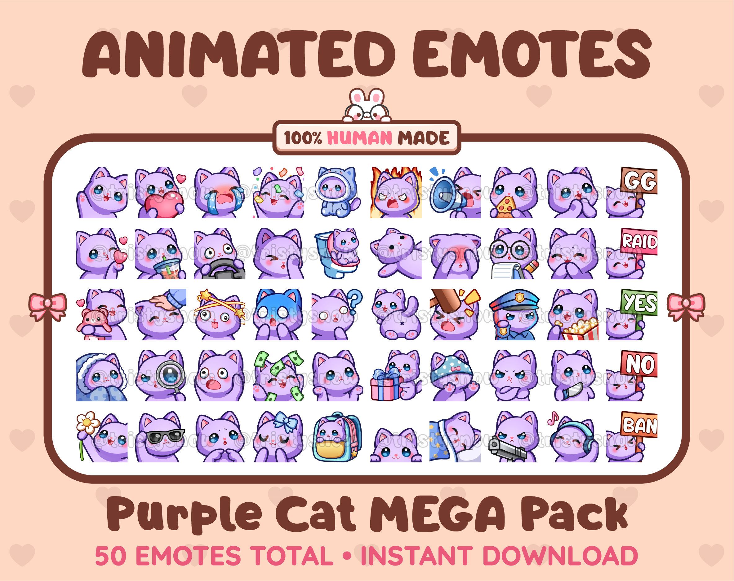 Purple Cat animated Twitch emote mega pack featuring 50 emotes including hype, kiss, raid, and lurk.