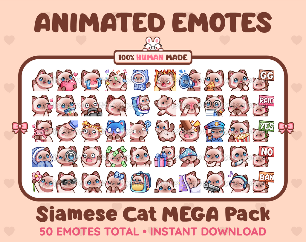 Siamese Cat animated Twitch emote mega pack featuring 50 emotes including hype, kiss, raid, and lurk.