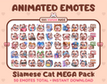 Siamese Cat animated Twitch emote mega pack featuring 50 emotes including hype, kiss, raid, and lurk.