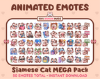 Siamese Cat animated Twitch emote mega pack featuring 50 emotes including hype, kiss, raid, and lurk.