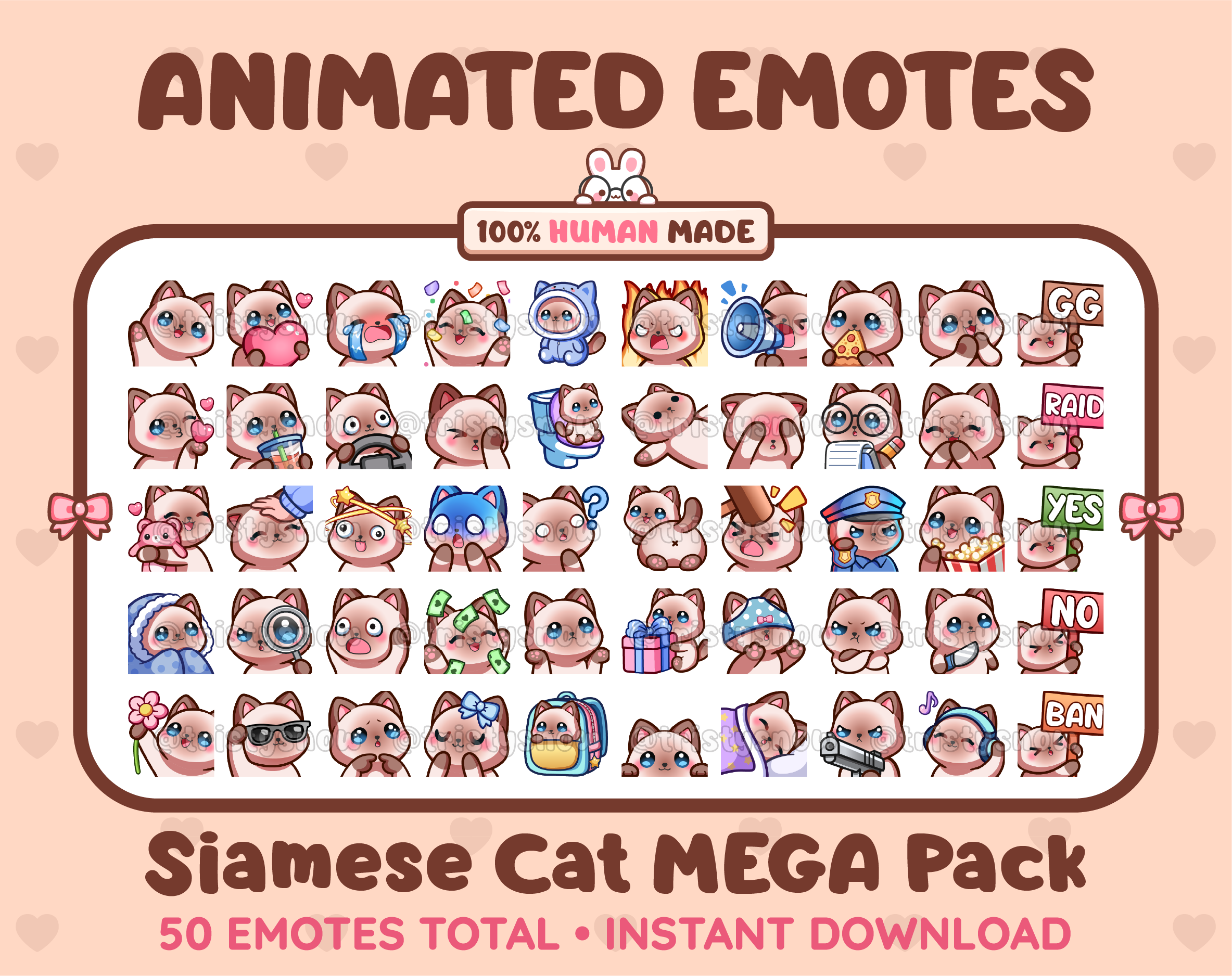 Siamese Cat animated Twitch emote mega pack featuring 50 emotes including hype, kiss, raid, and lurk.
