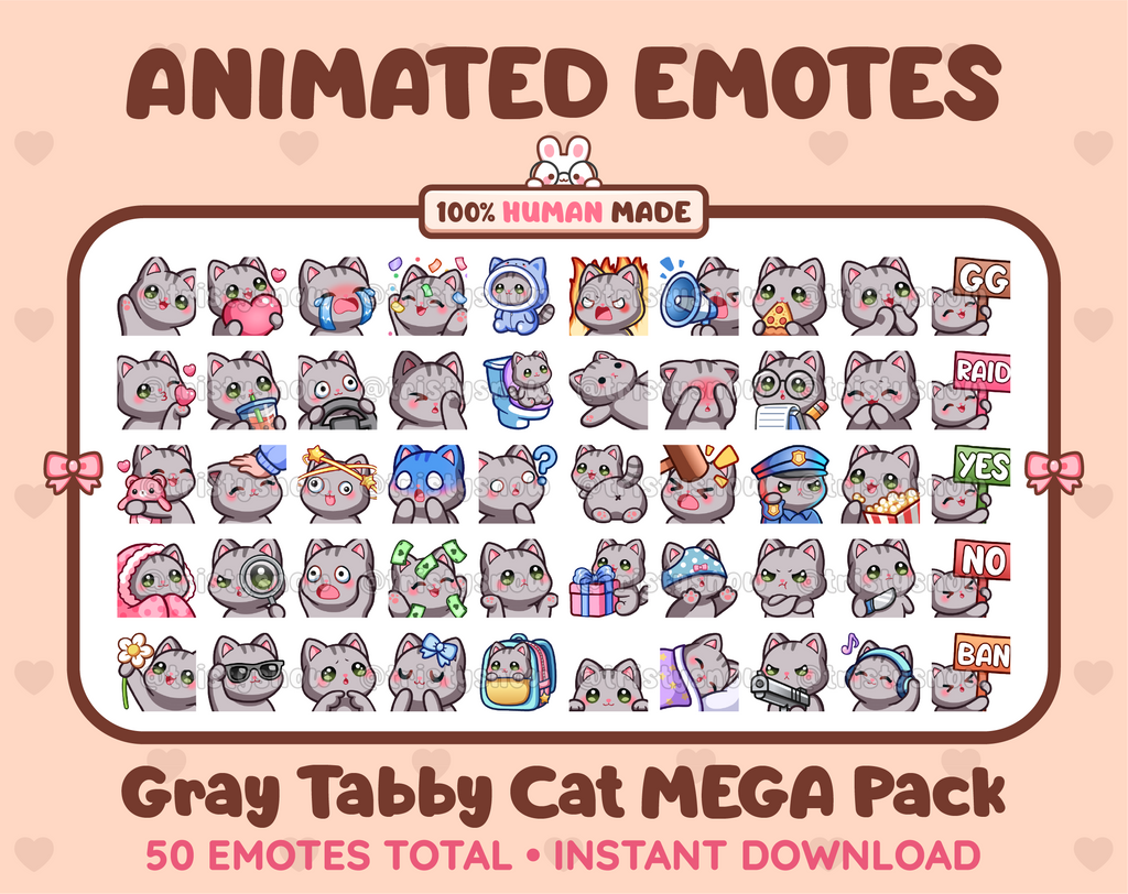 Gray Tabby Cat animated Twitch emote mega pack featuring 50 emotes including hype, kiss, raid, and lurk.