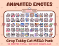 Gray Tabby Cat animated Twitch emote mega pack featuring 50 emotes including hype, kiss, raid, and lurk.