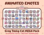 Gray Tabby Cat animated Twitch emote mega pack featuring 50 emotes including hype, kiss, raid, and lurk.