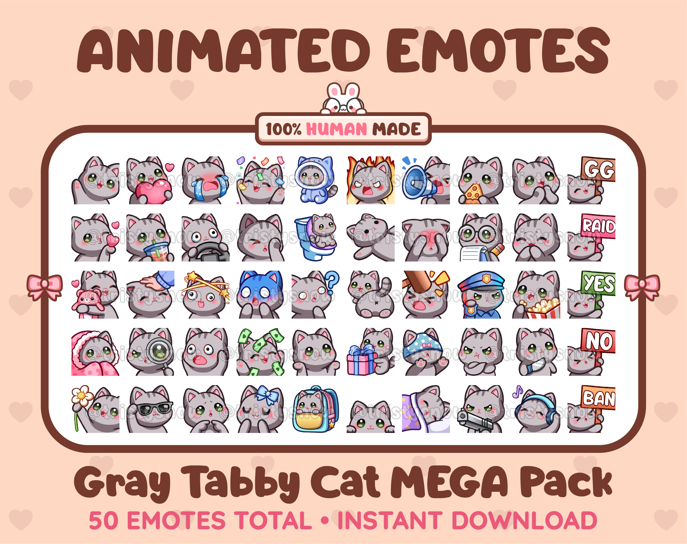 Gray Tabby Cat animated Twitch emote mega pack featuring 50 emotes including hype, kiss, raid, and lurk.