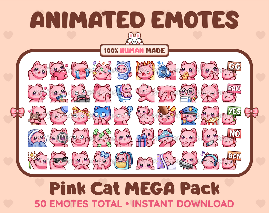 Pink Cat animated Twitch emote mega pack featuring 50 emotes including hype, kiss, raid, and lurk.