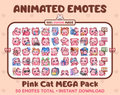 Pink Cat animated Twitch emote mega pack featuring 50 emotes including hype, kiss, raid, and lurk.