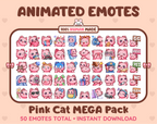Pink Cat animated Twitch emote mega pack featuring 50 emotes including hype, kiss, raid, and lurk.