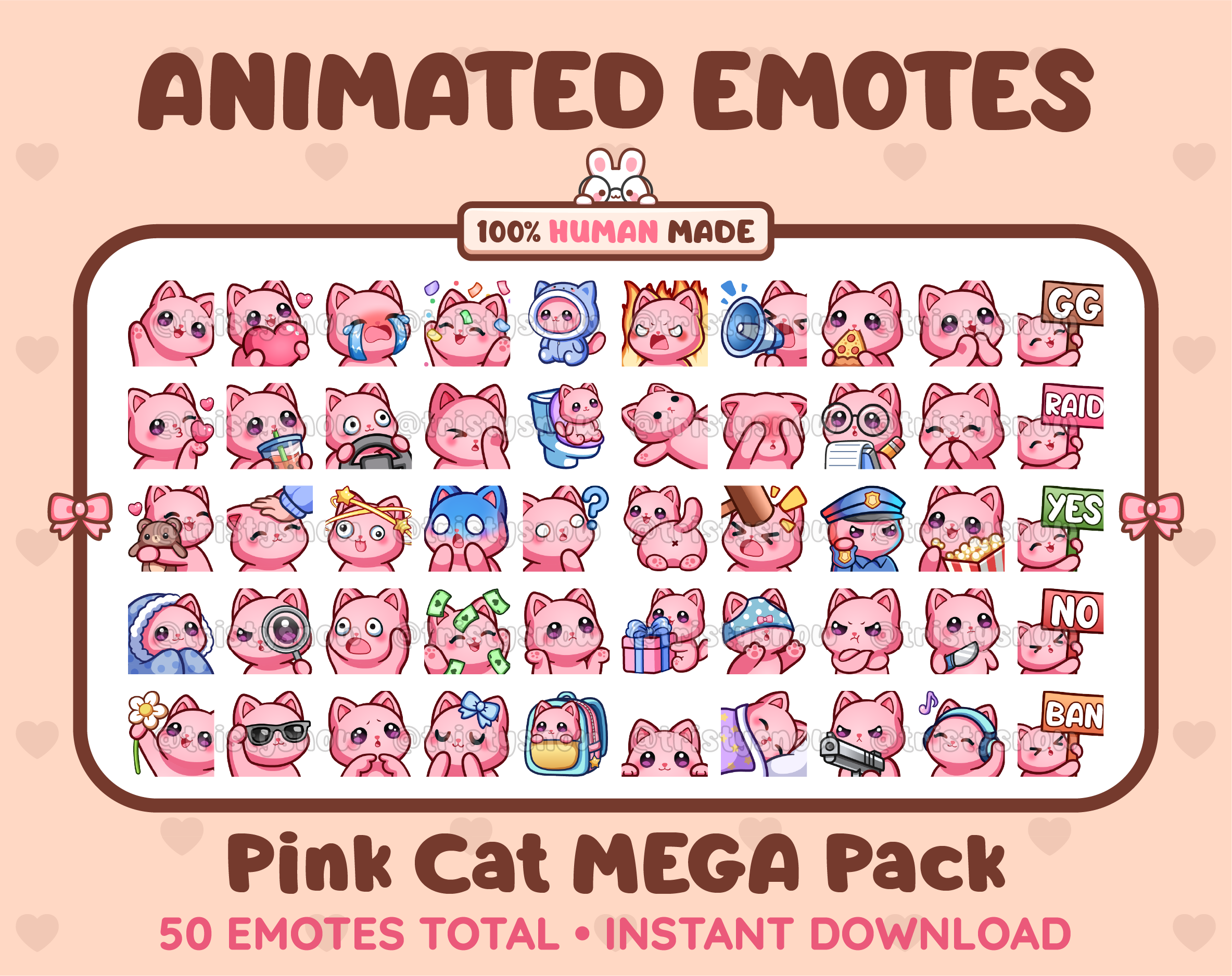 Pink Cat animated Twitch emote mega pack featuring 50 emotes including hype, kiss, raid, and lurk.