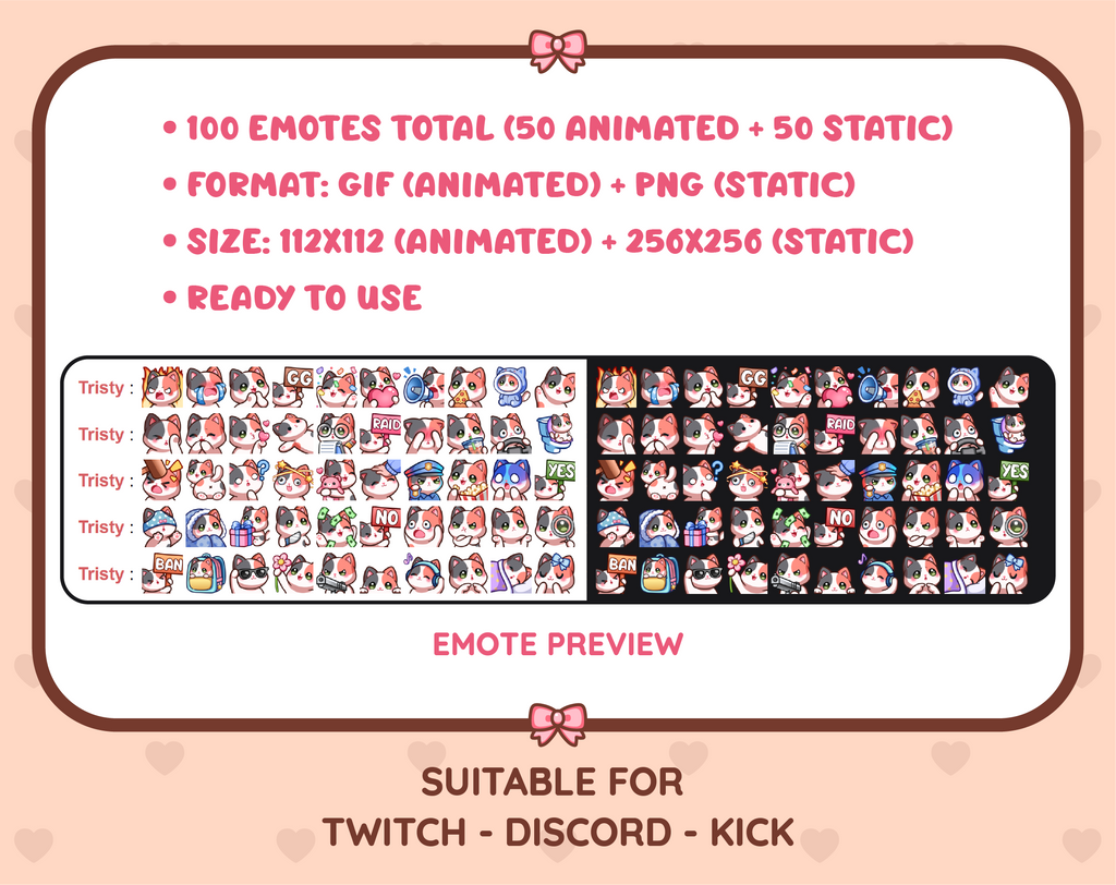 Calico Cat animated Twitch emote mega pack preview displaying all 50 emotes with format and size information.