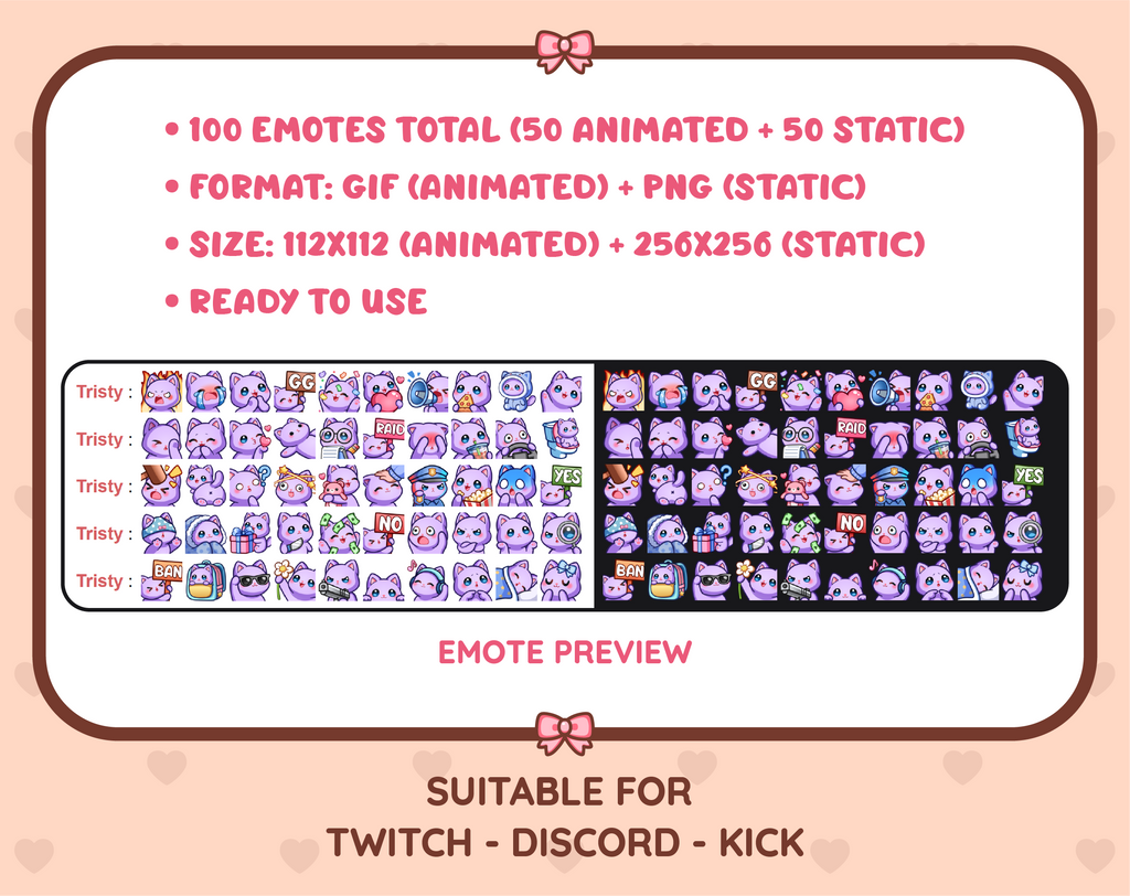 Purple Cat animated Twitch emote mega pack preview displaying all 50 emotes with format and size information.