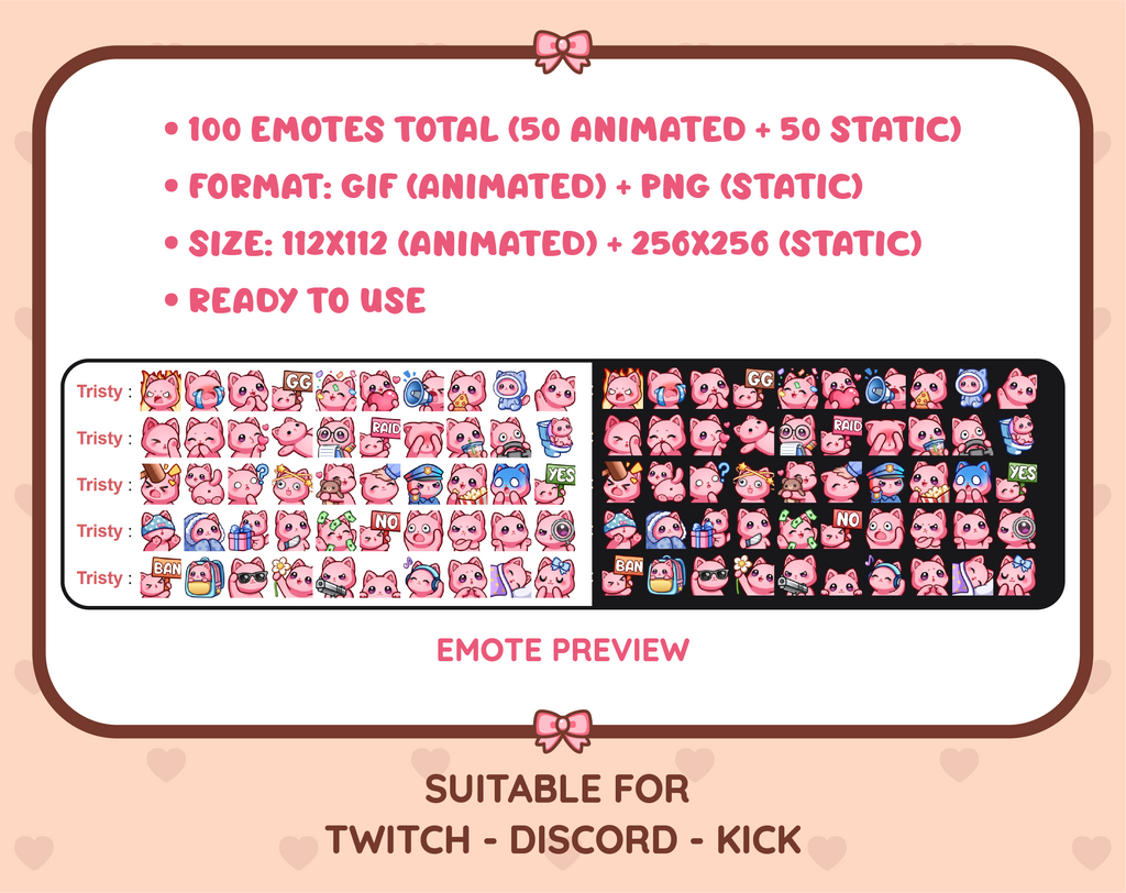 Pink Cat animated Twitch emote mega pack preview displaying all 50 emotes with format and size information.