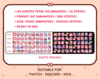 Pink Cat animated Twitch emote mega pack preview displaying all 50 emotes with format and size information.