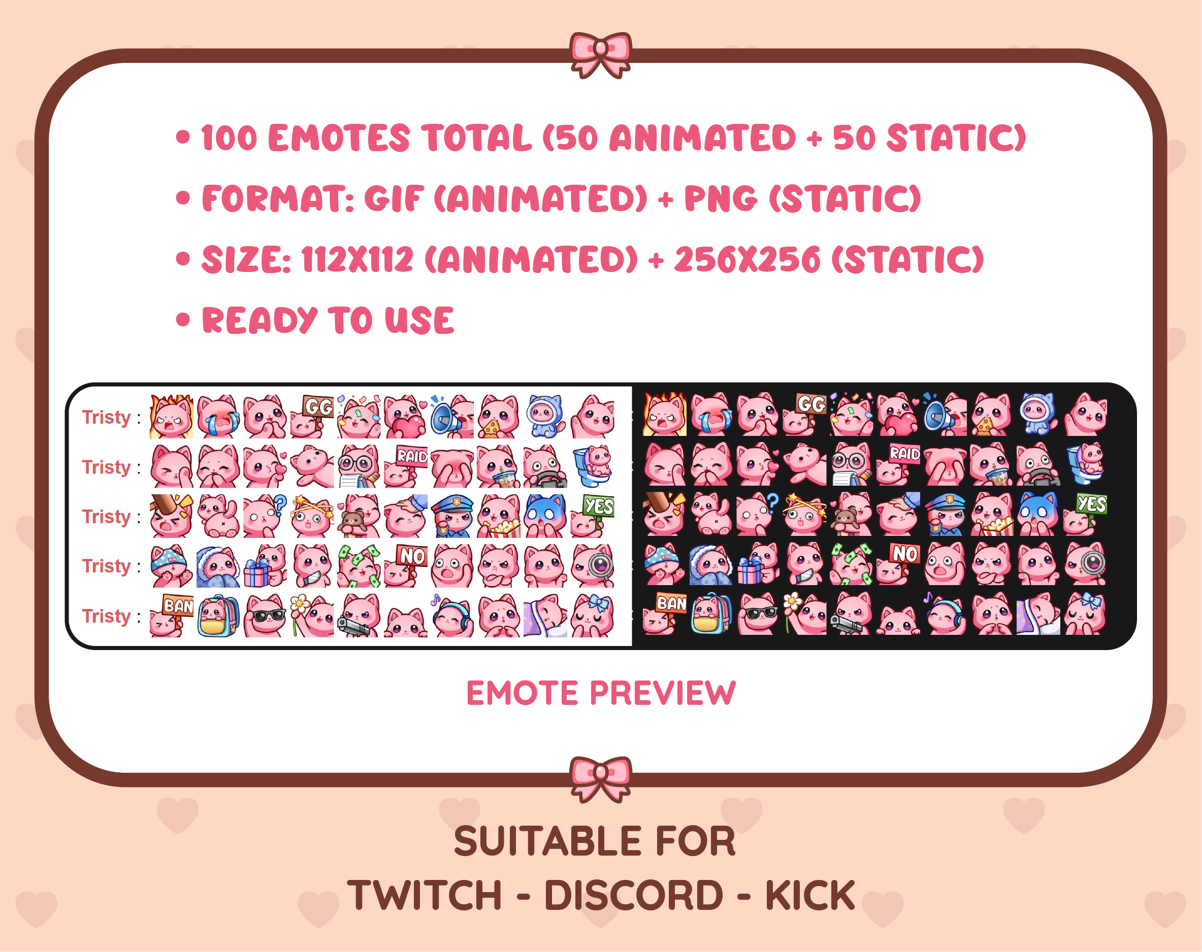 Pink Cat animated Twitch emote mega pack preview displaying all 50 emotes with format and size information.