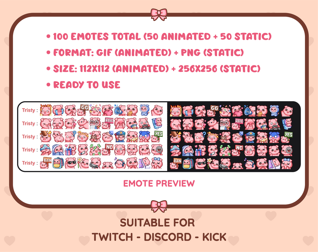 Pig animated Twitch emote mega pack preview displaying all 50 emotes with format and size information.
