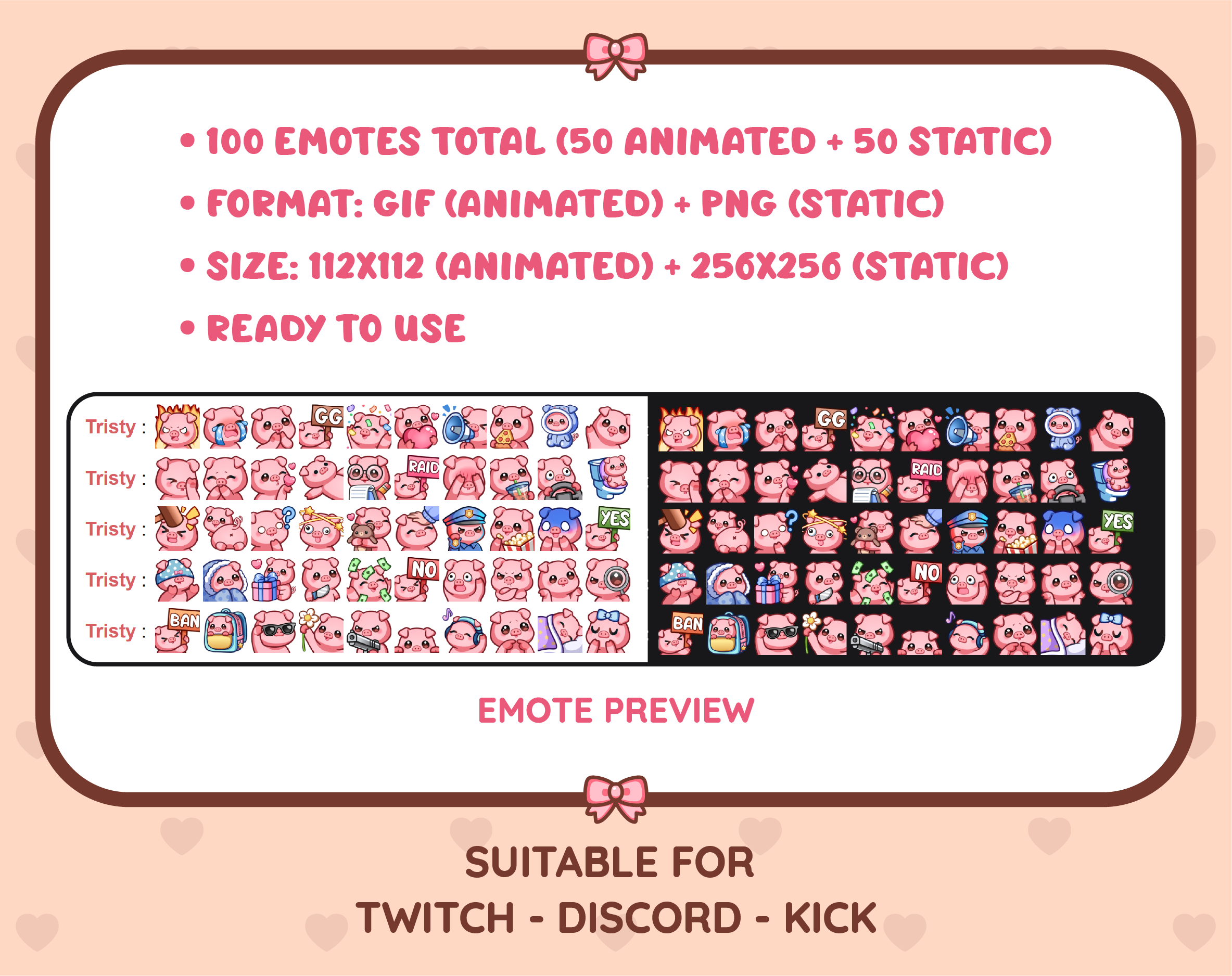 Pig animated Twitch emote mega pack preview displaying all 50 emotes with format and size information.