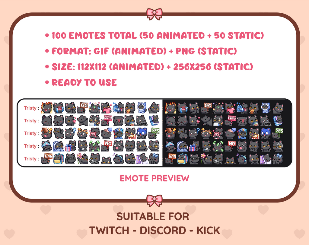 Black Cat animated Twitch emote mega pack preview displaying all 50 emotes with format and size information.