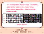 Black Cat animated Twitch emote mega pack preview displaying all 50 emotes with format and size information.