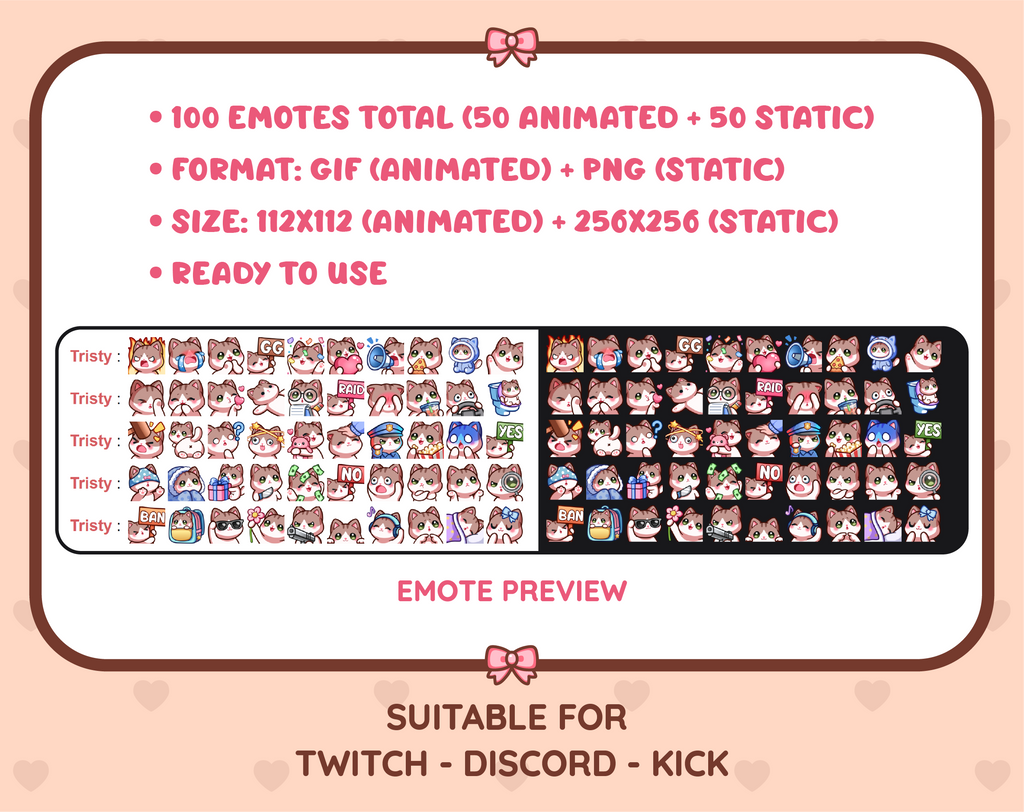 Brown & White Cat animated Twitch emote mega pack preview displaying all 50 emotes with format and size information.