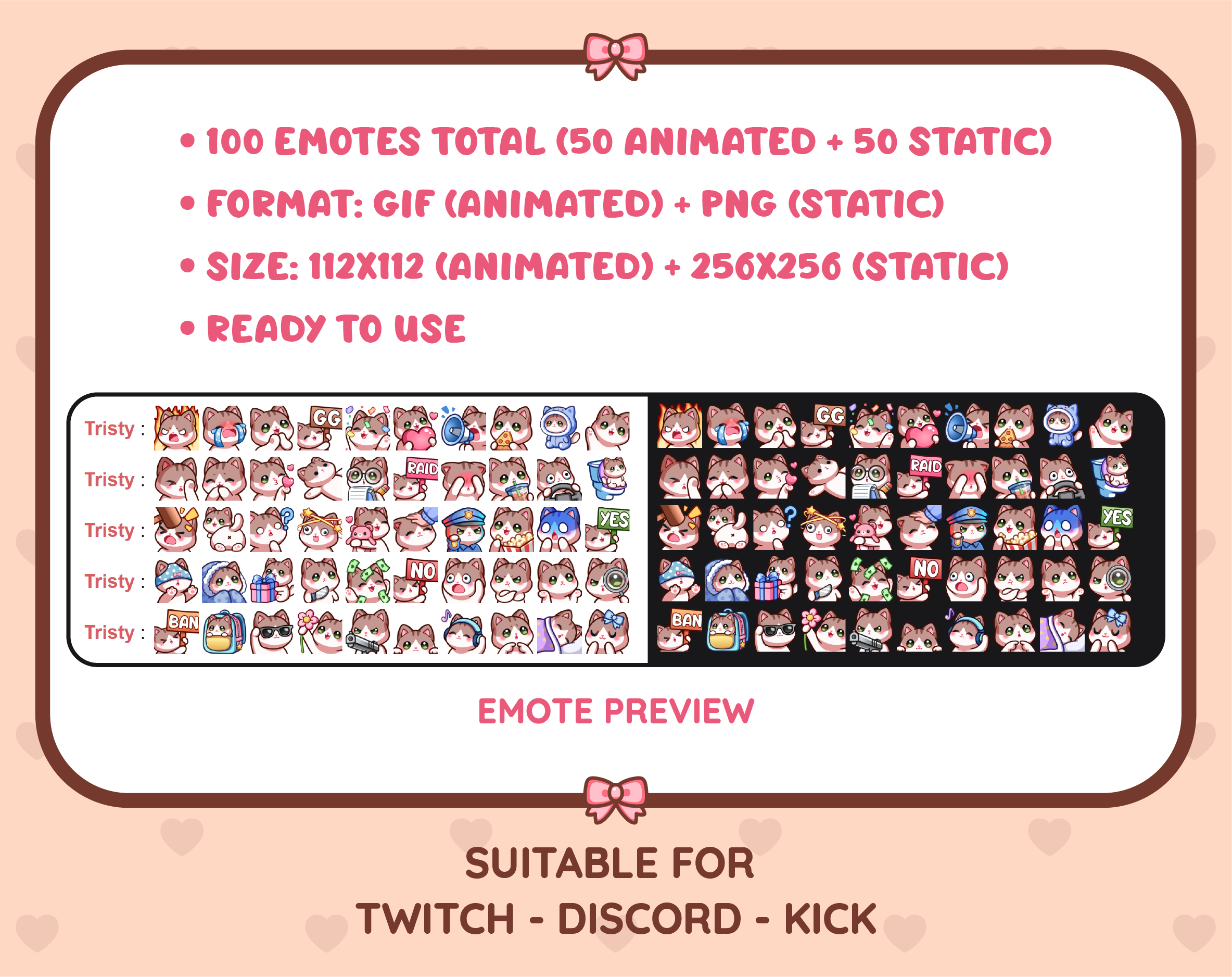 Brown & White Cat animated Twitch emote mega pack preview displaying all 50 emotes with format and size information.