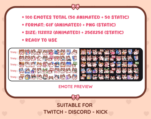 Brown & White Cat animated Twitch emote mega pack preview displaying all 50 emotes with format and size information.