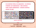 Black & White Cat animated Twitch emote mega pack preview displaying all 50 emotes with format and size information.