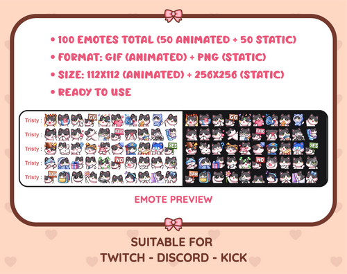 Black & White Cat animated Twitch emote mega pack preview displaying all 50 emotes with format and size information.