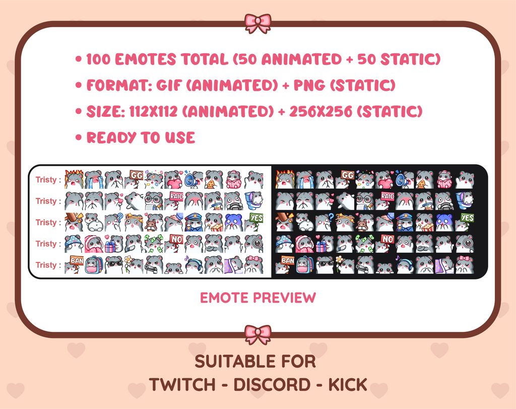 Gray Hamster Twitch animated emote mega pack preview displaying all 50 emotes with format and size information.