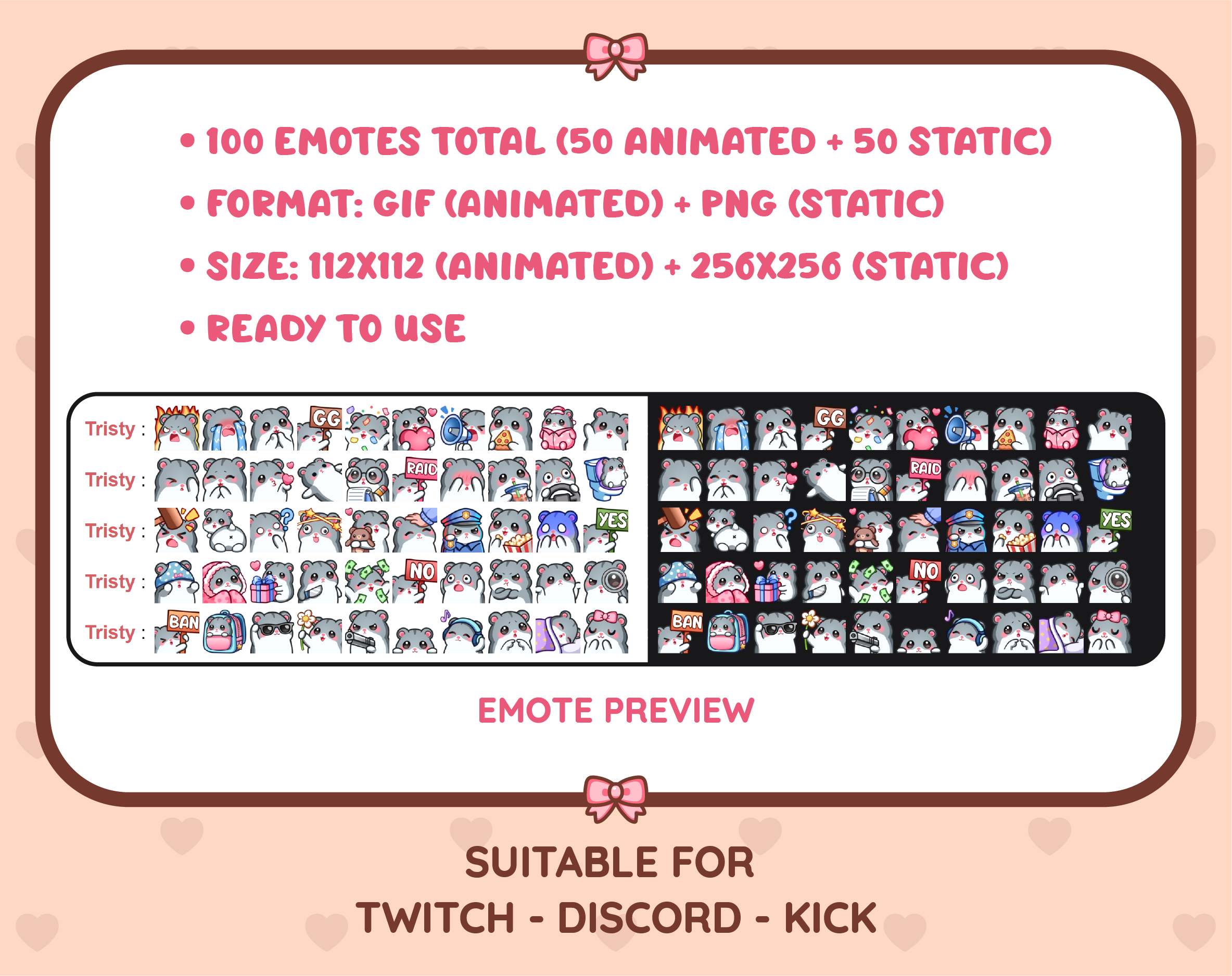 Gray Hamster Twitch animated emote mega pack preview displaying all 50 emotes with format and size information.