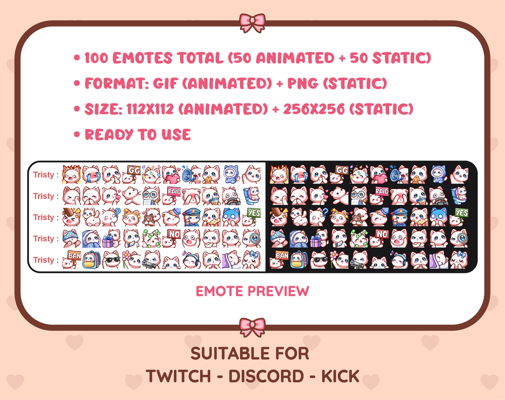 White Cat animated Twitch emote mega pack preview displaying all 50 emotes with format and size information.