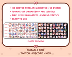 White Cat animated Twitch emote mega pack preview displaying all 50 emotes with format and size information.