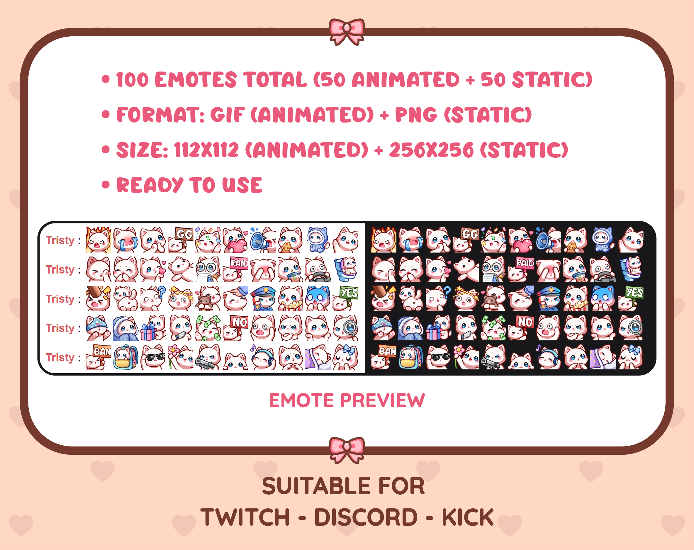 White Cat animated Twitch emote mega pack preview displaying all 50 emotes with format and size information.