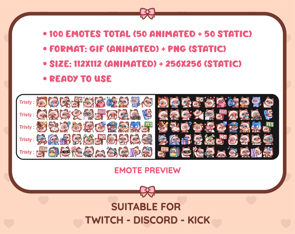 Siamese Cat animated Twitch emote mega pack preview displaying all 50 emotes with format and size information.