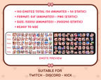 Siamese Cat animated Twitch emote mega pack preview displaying all 50 emotes with format and size information.