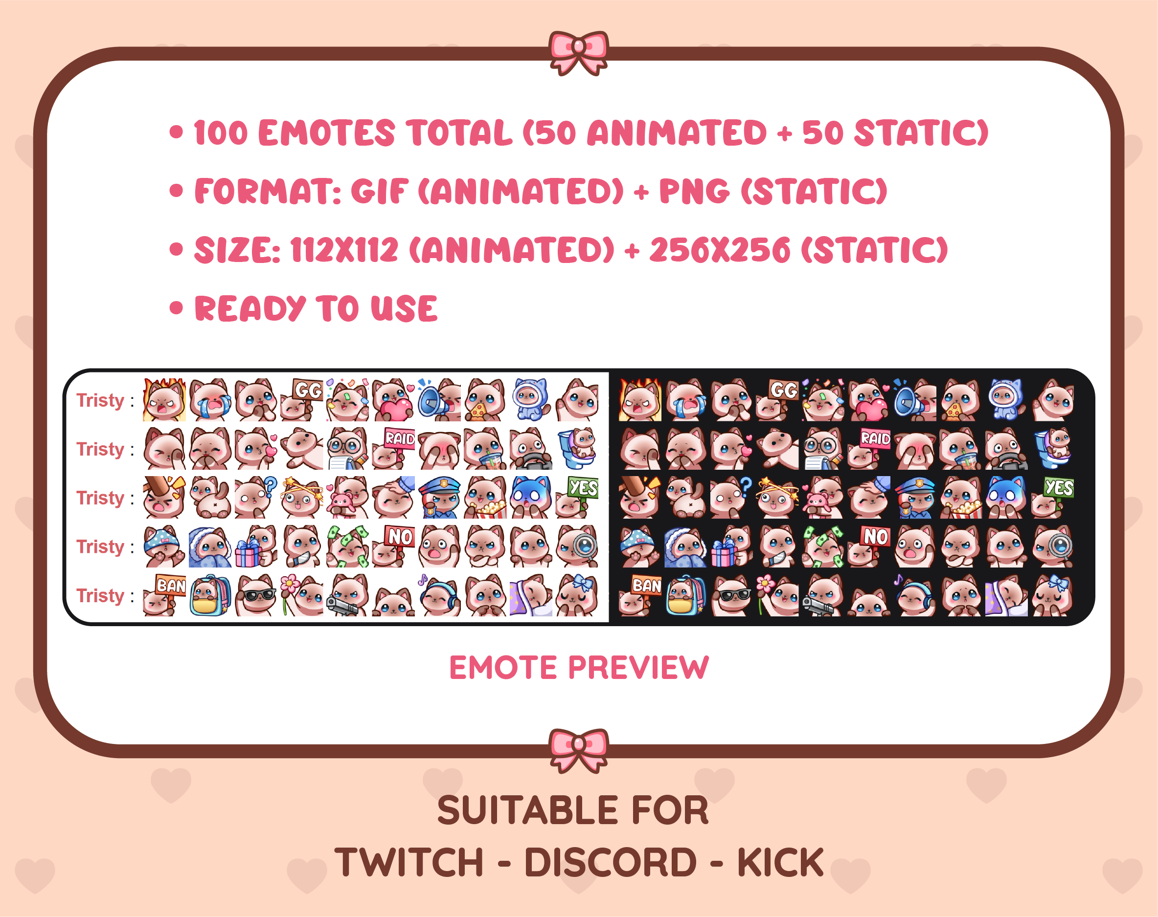 Siamese Cat animated Twitch emote mega pack preview displaying all 50 emotes with format and size information.